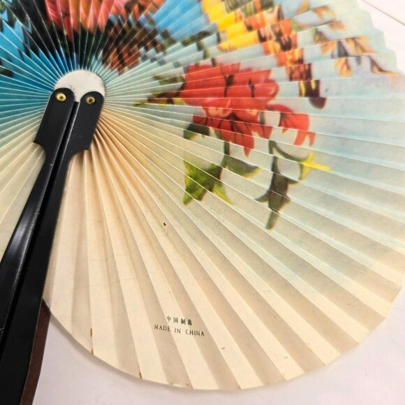 Vintage Asian Paper & Bamboo Hand Fans Set With Bird & Floral Designs je186 - Picture 9 of 12